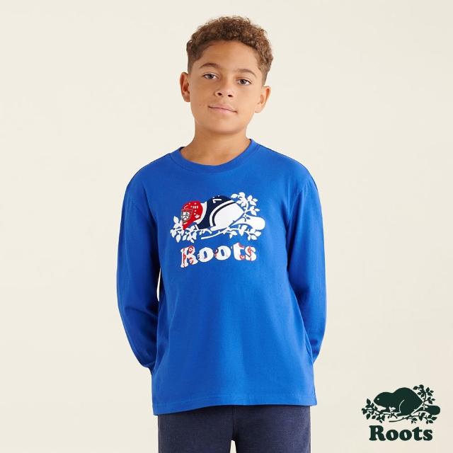 【Roots】Roots 大童-冬日海狸系列 佳節海狸長袖T恤(藍色)