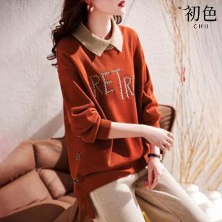 【初色】POLO領假兩件棉麻寬鬆T恤長袖上衣女上衣-紅色-32105(M-2XL可選)
