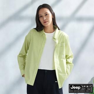 【JEEP】女裝 多元口袋條紋長袖襯衫(綠)