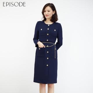 【EPISODE】典雅精緻修身口袋長袖洋裝E30454（深藍）