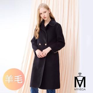 【MYVEGA 麥雪爾】MA羊毛綁帶修身保暖長版冬季大衣外套-黑