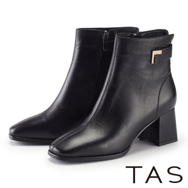 【TAS】羊皮方頭粗高跟短靴(黑色)