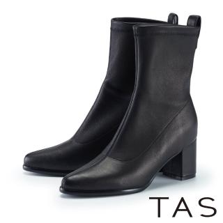 【TAS】百搭顯瘦彈力羊皮中跟襪靴(黑色)