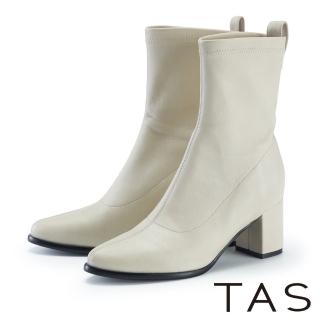 【TAS】百搭顯瘦彈力羊皮中跟襪靴(米色)