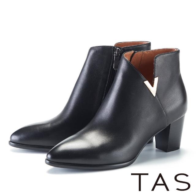 【TAS】側V口羊皮尖頭粗高跟踝靴(黑色)