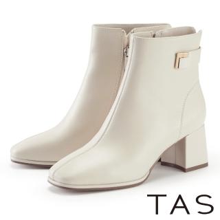 【TAS】羊皮方頭粗高跟短靴(米白)
