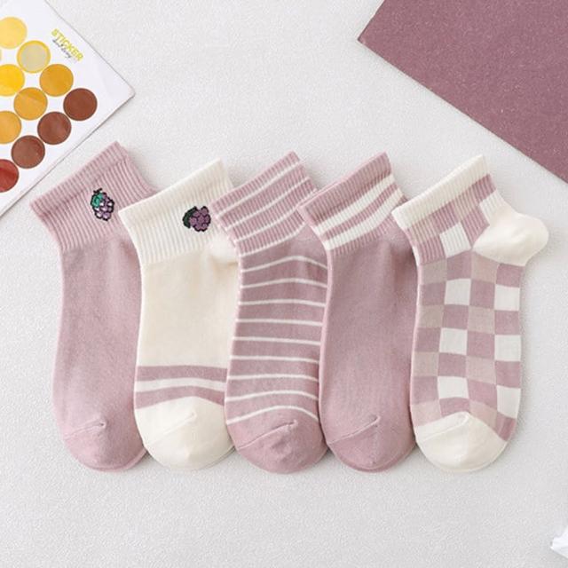 【Socks Form 襪子瘋】5雙組-小葡萄日系棉質短襪(踝襪/棉襪/船型襪/女襪)