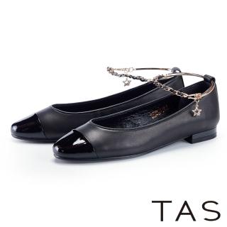 【TAS】金屬腳鍊星星鑽飾垂墜羊皮平底鞋(黑色)