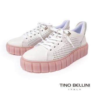 【TINO BELLINI 貝里尼】巴西進口厚底千鳥紋鏤空綁帶休閒鞋LB0O008(草莓牛奶)