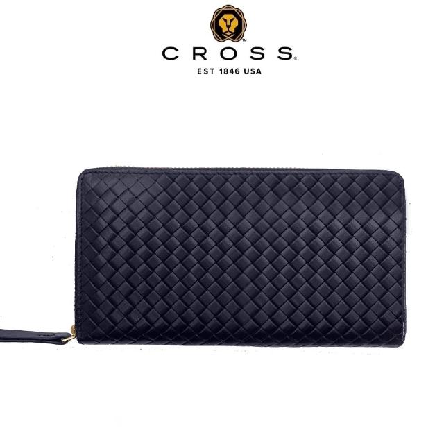 【CROSS】台灣總經銷 限量1折 頂級超柔軟小牛皮編織紋長夾 伊娃系列 全新專櫃展示品(深藍色 贈禮盒提袋)