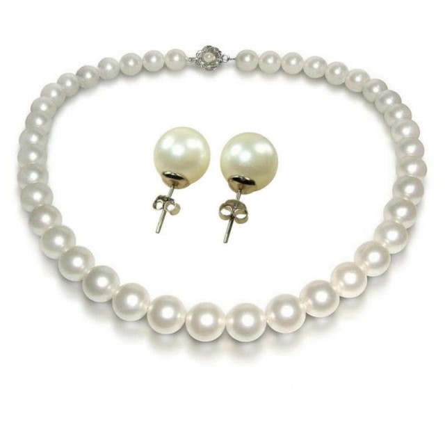 【小樂珠寶】正圓南洋深海貝珍珠二件項鍊耳貼針耳環(白珠8mm加長版46公分18吋套組)