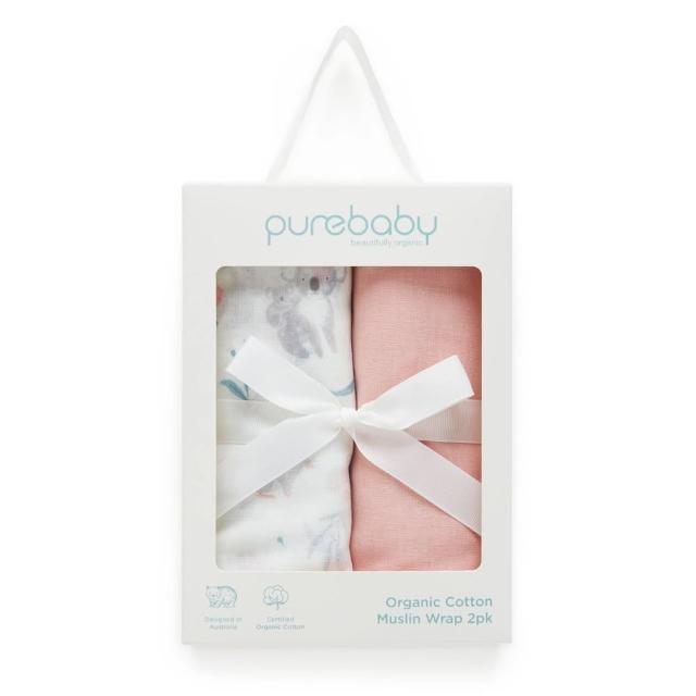 【Purebaby】澳洲有機棉 嬰兒棉紗包巾禮盒2件組(新生兒 有機棉  紗布蓋毯)