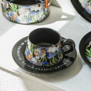 【WO HOME】復古水彩畫風時尚陶瓷咖啡杯碟 黑色(輕奢復古水彩畫風咖啡杯碟)
