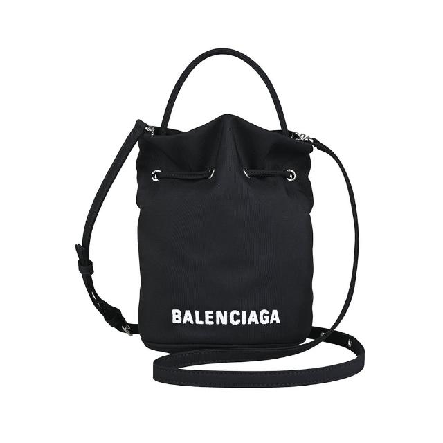 【Balenciaga 巴黎世家】BALENCIAGA Wheel刺繡白字LOGO尼龍束口手提/斜背水桶包(黑)