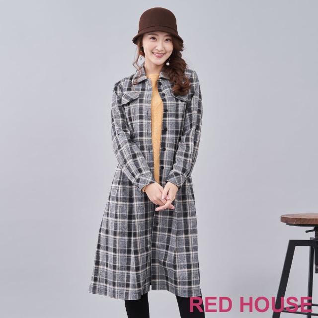 【RED HOUSE 蕾赫斯】襯衫型格紋長版洋裝(深灰色)