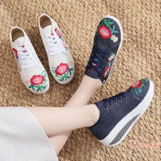 【Taroko】甜美紅花繡線厚底運動休閒鞋(2色可選)