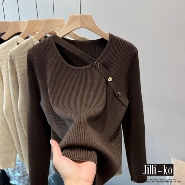 【JILLI-KO】針織打底衫女設計感長袖上衣-F(咖/黑)