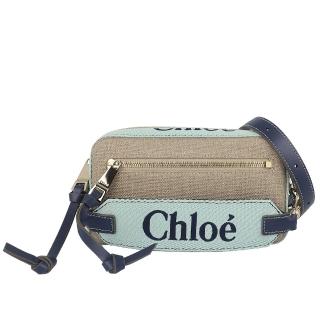 【Chloe’ 蔻依】WOODY 印刷帆布肩背/手提腰包(卡其/藍綠色)