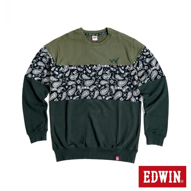 【EDWIN】男裝 三色拼接印花厚長袖T恤(灰綠色)