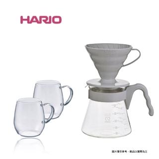 【HARIO】V60灰白色濾泡咖啡壺組+圓型馬克耐熱玻璃對杯套組(VCSD-02PGR/RDM-1824)