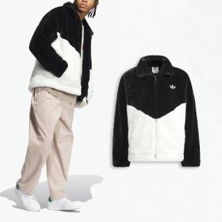 【adidas 愛迪達】外套 Fur Logo Jacket 男女款 黑 白 保暖 毛毛外套 立領 開襟 三葉草 愛迪達(IN0981)