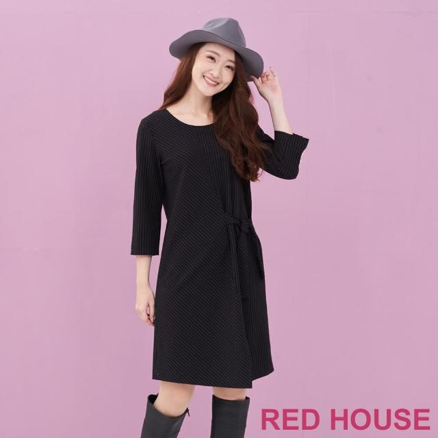 【RED HOUSE 蕾赫斯】知性條紋拼接綁帶洋裝(黑色)
