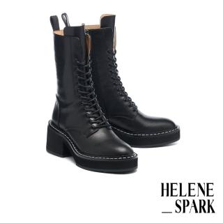 【HELENE_SPARK】率性時髦HS拉鍊綁帶全真皮厚底高跟短靴(黑)