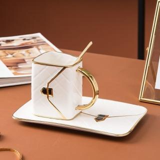 【JEN】創意菱格陶瓷包包描金邊馬克杯碟組含小湯匙(4色可選)