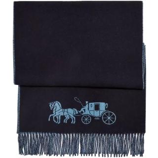 【COACH】深藍X寶寶藍馬車LOGO寬版羊毛流蘇圍巾