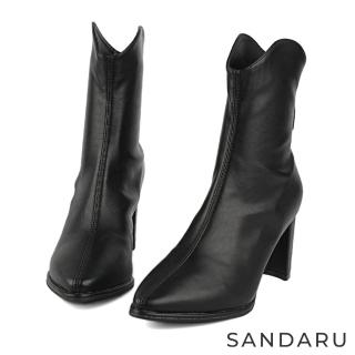 【SANDARU 山打努】短靴 尖頭中線V口高跟短靴(黑)