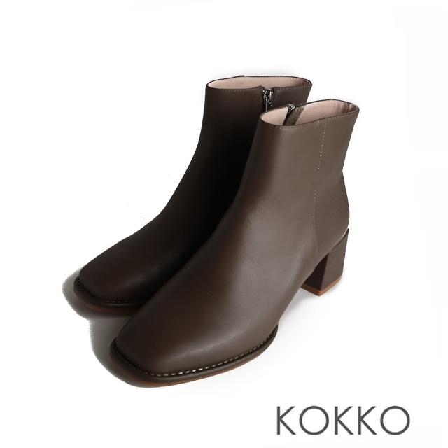 【KOKKO 集團】質感時髦牛皮方頭粗跟短靴(墨綠色)