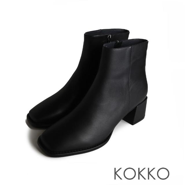 【KOKKO 集團】質感時髦牛皮方頭粗跟短靴(黑色)