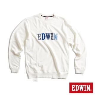 【EDWIN】男裝 CORE再生系列 環保丹寧拼接LOGO休閒厚長袖T恤(米白色)