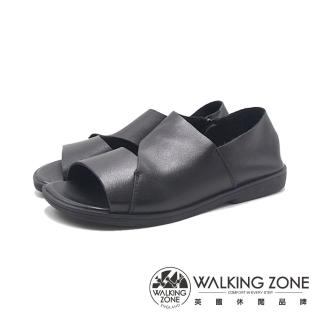 【WALKING ZONE】女 真軟皮寬帶個性涼鞋 女鞋(黑色)