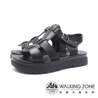 【WALKING ZONE】女 魚骨編織輕感厚底涼鞋 女鞋(黑色)
