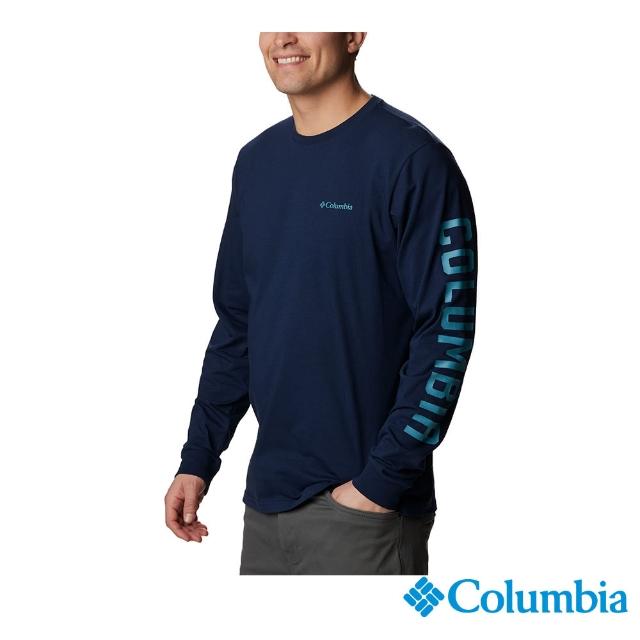 【Columbia 哥倫比亞 官方旗艦】男款-Rockaway RiverLOGO彈性長袖上衣-深藍(UXM95480NY/HF)