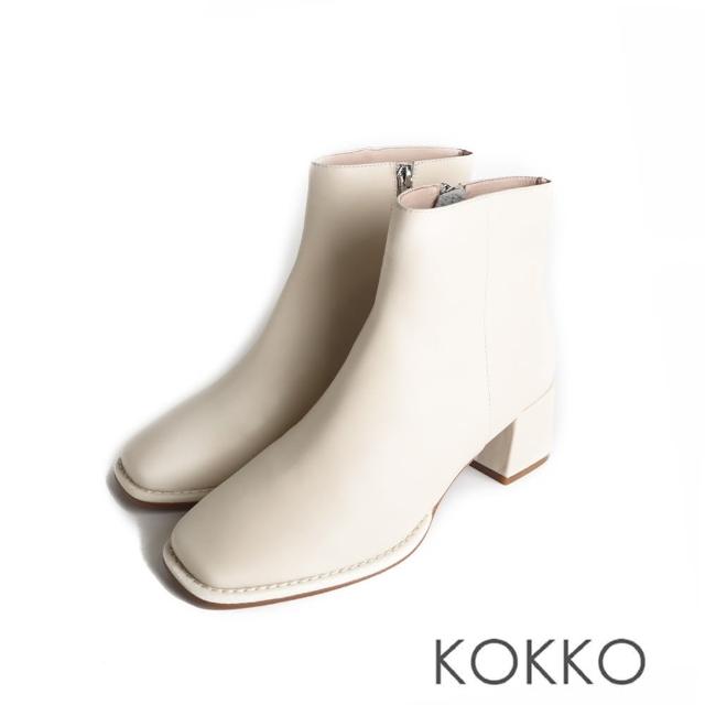 【KOKKO 集團】質感時髦牛皮方頭粗跟短靴(米白色)