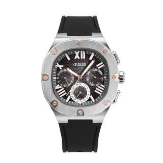 【GUESS】銀框 黑面 三眼日期顯示 圓角方型腕錶 黑色矽膠錶帶 男錶 手錶 交換/聖誕禮物(GW0571G1)