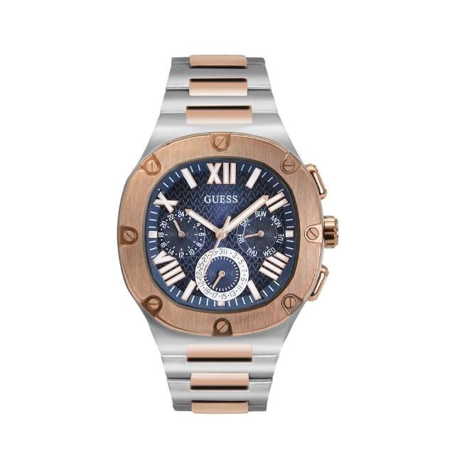 【GUESS】玫瑰金+銀色系 藍面 三眼日期顯示 圓角方型腕錶 不鏽鋼錶帶 男錶 手錶 交換/聖誕禮物(GW0572G4)