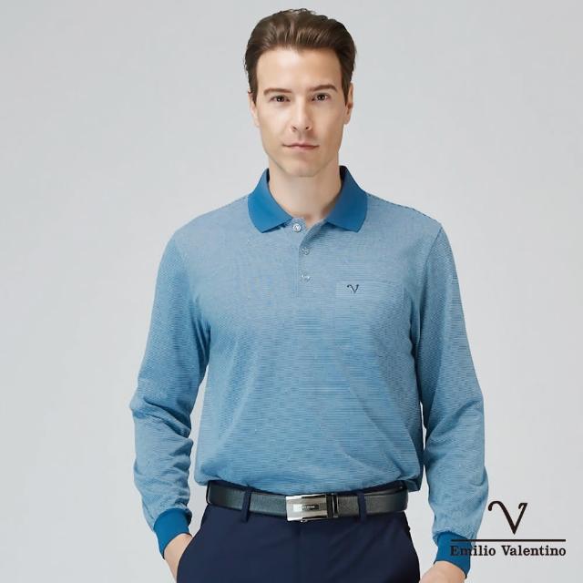【Emilio Valentino 范倫鐵諾】男裝 舒適透氣精梳棉定位胸袋休閒薄款長袖POLO衫 藍(21-3V7872)
