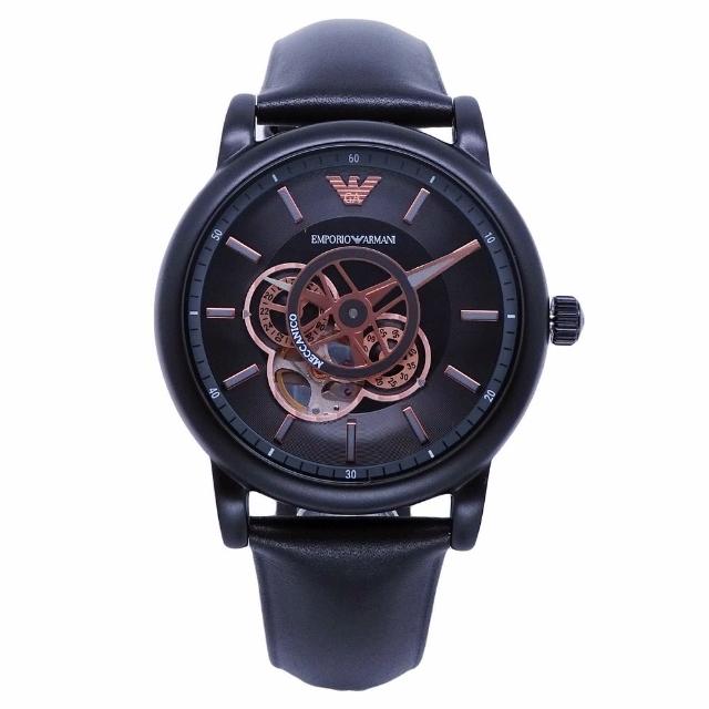 【EMPORIO ARMANI】ARMANI 環環相扣鏤空造型時尚機械腕錶-黑-AR60012