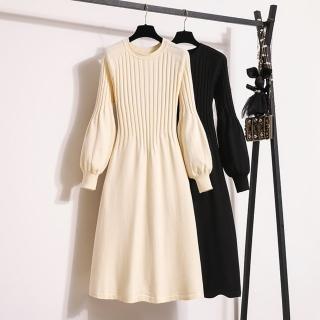 【KVOLL】玩美衣櫃甜美針織連身裙燈籠袖針織洋裝M-4XL(共二色)