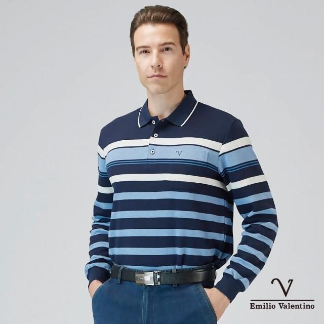 【Emilio Valentino 范倫鐵諾】蓄熱保暖棉質磨毛定位條紋長袖POLO衫 藍(15-3V7962)