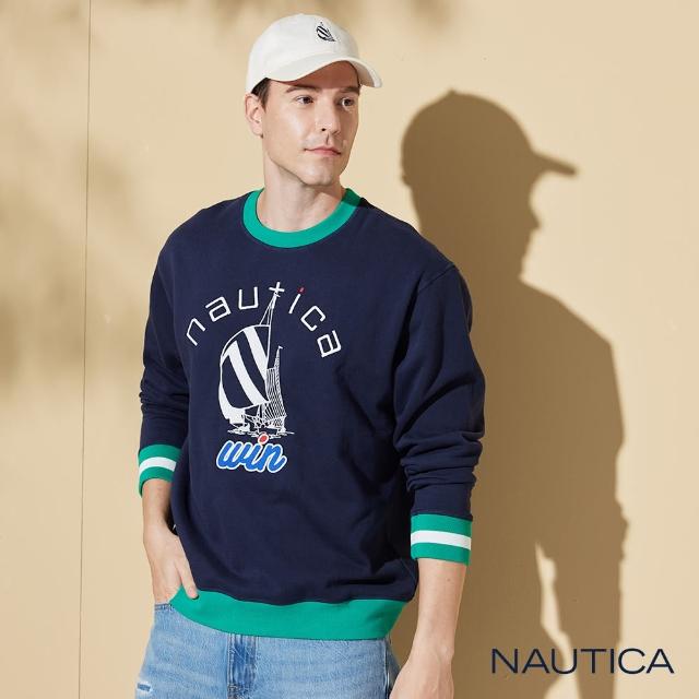 【NAUTICA】男裝 聯名款跳色帆船圖騰印花長袖T恤(深藍)