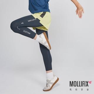 【Mollifix 瑪莉菲絲】拼網透氣雙層訓練褲_KIDS、訓練褲、瑜珈服、Legging(水墨綠+檸黃)