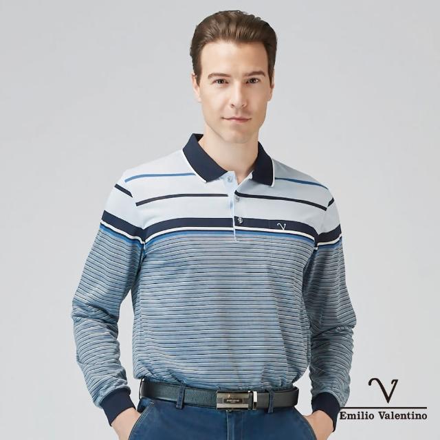 【Emilio Valentino 范倫鐵諾】男裝 舒適透氣精梳棉定位胸袋休閒薄款長袖POLO衫 藍/灰(21-3V7871)