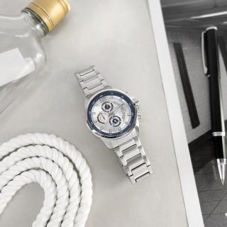 【CITIZEN 星辰】經典三眼 計時碼錶 日期 防水100米 不鏽鋼手錶 藍銀色 43mm(AN3690-56B)