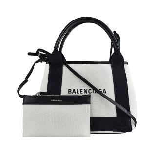 【Balenciaga 巴黎世家】BALENCIAGA巴黎世家NAVY標籤LOGO側面扣式帆布搭牛皮肩背斜背子母包(迷你/白x黑)