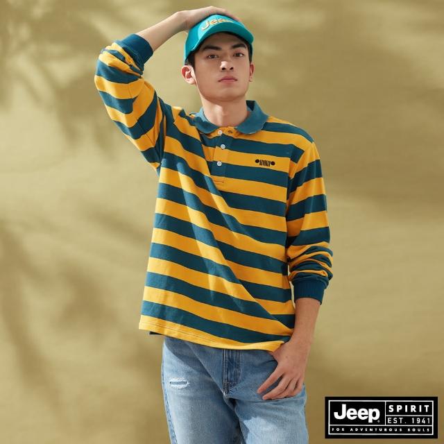 【JEEP】男裝 美式跳色條紋長袖POLO衫(黃綠色)