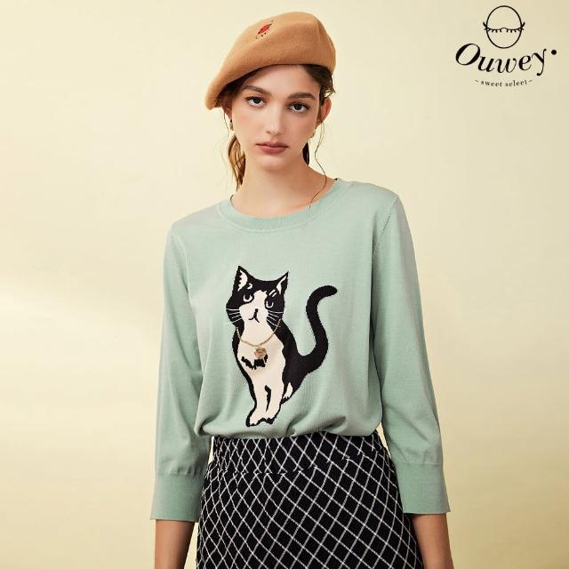 【OUWEY 歐薇】時髦賓士貓縲縈針織上衣(淺綠色；S-L；3223165011)